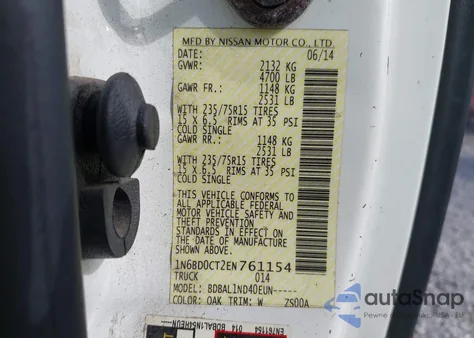 2014 Nissan Frontier S/Sv-I4 z USA, uszkodzony, nr VIN 1N6BD0CT2EN761154